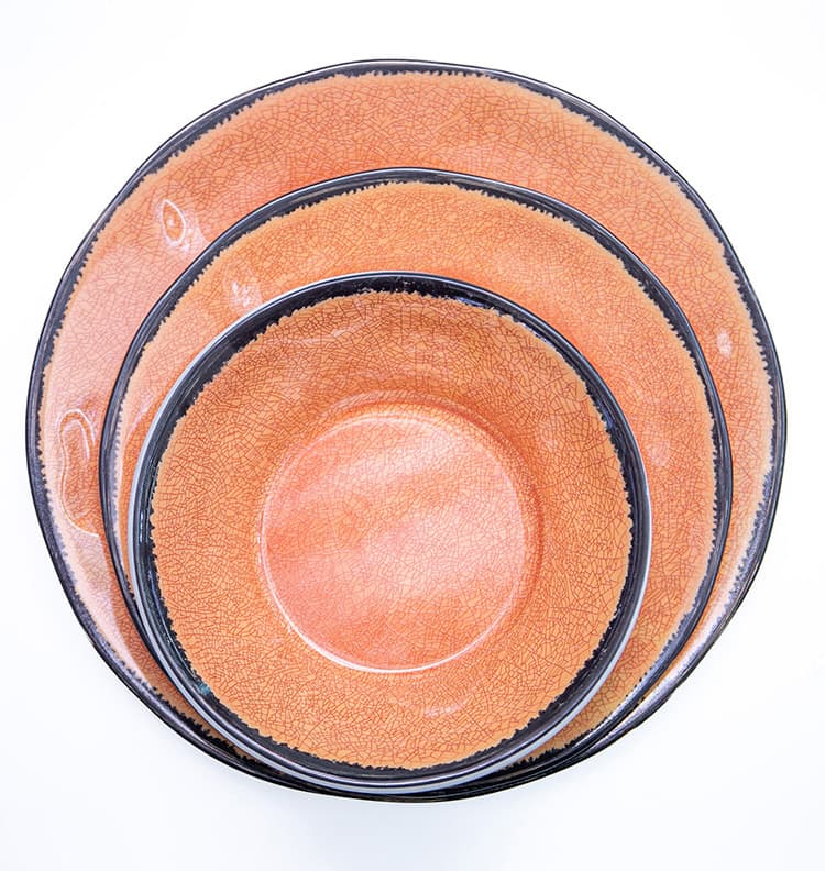 deep melamine plates in red, blue and orange